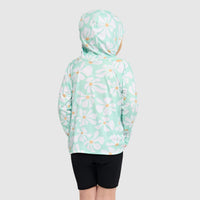 Light green hoodie with white daisy pattern shown from back view with hood up