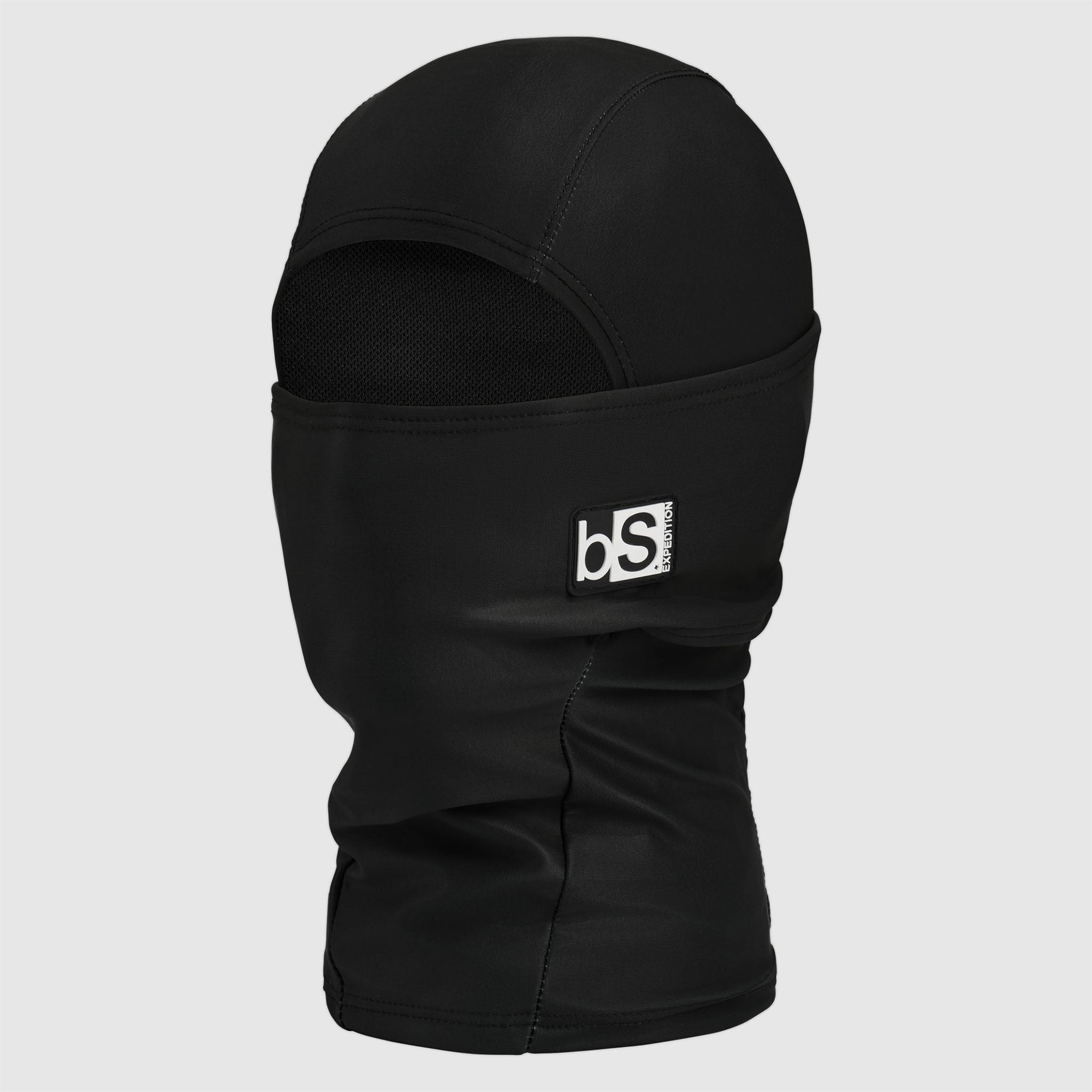 Black full-coverage balaclava hood with mesh eye opening and neck tube, three-quarter view