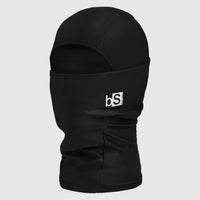 Black full-coverage balaclava hood with mesh eye opening and neck tube, three-quarter view