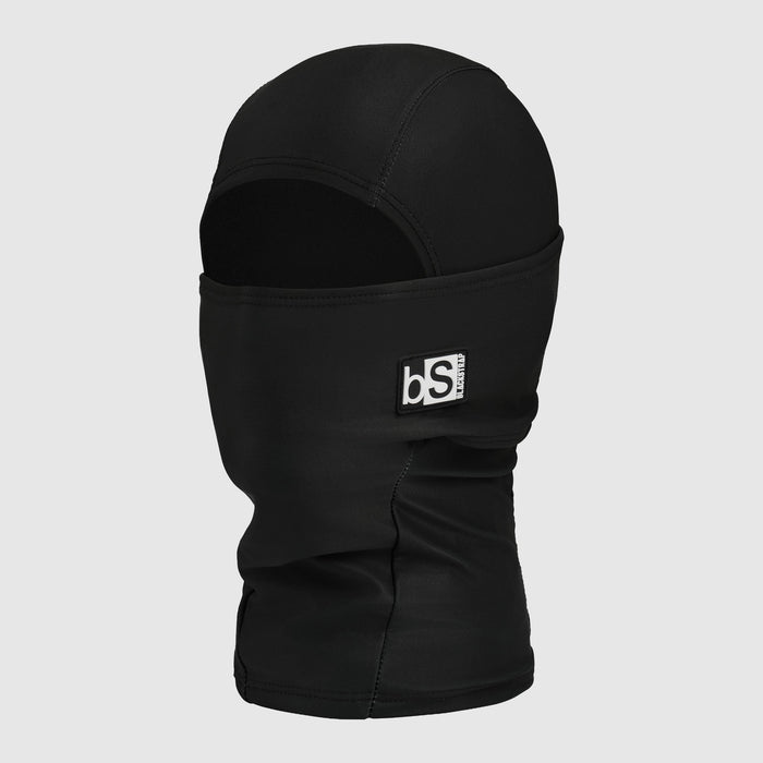 Black full-coverage balaclava hood with open face cutout and neck coverage, side view