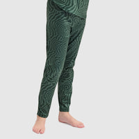Green topographic pattern base layer pants shown from side angle on model legs
