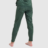 Green contour map patterned base layer pants shown from behind on model