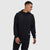 Black pullover hoodie with drawstrings and front pocket on male model