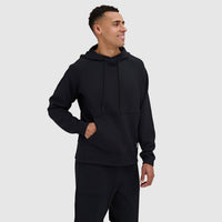Black pullover hoodie with kangaroo pocket and drawstrings, worn by male model