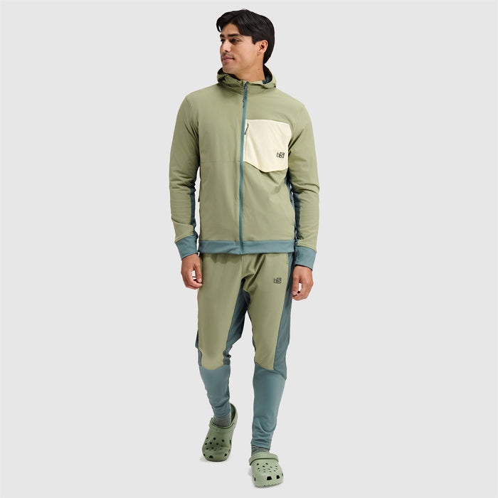 Olive green full zip hoodie with cream chest pocket and contrasting blue-gray panels