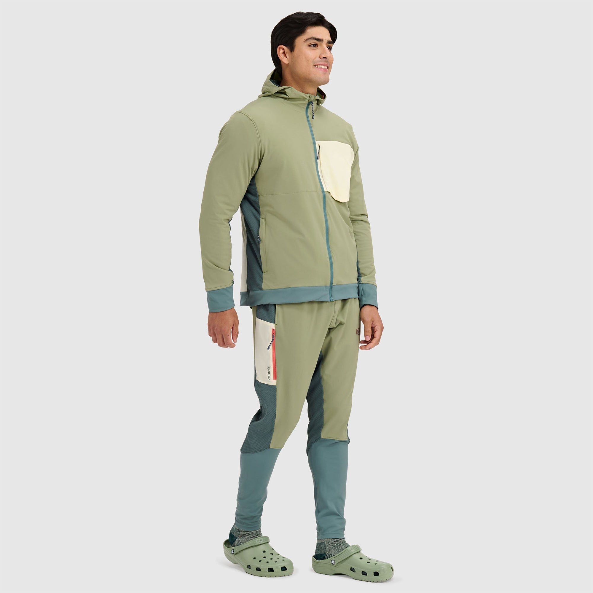 Men's full zip fleece jacket in sage green with colorblock panels and matching pants