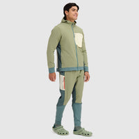 Men's full zip fleece jacket in sage green with colorblock panels and matching pants