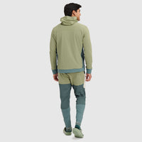 Men's fleece jacket with hood and matching pants in sage green with teal accents, back view