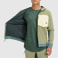 Men's color-blocked fleece jacket with hood, chest pocket, shown unzipped revealing interior mesh lining