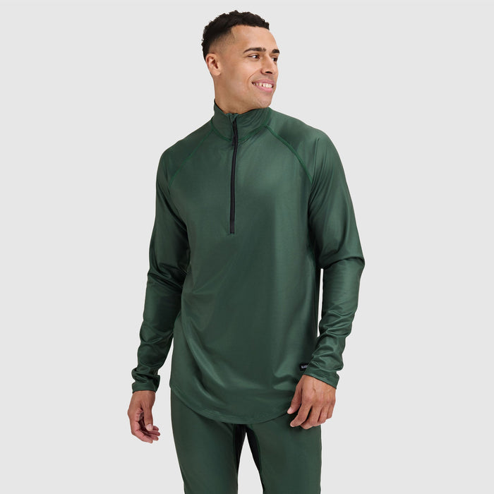 Man wearing dark green quarter-zip athletic pullover with long sleeves, three-quarter front view