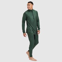 Dark green athletic base layer set with quarter-zip top and matching leggings on male model