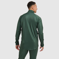 Forest green quarter-zip athletic pullover with long sleeves, rear view on model