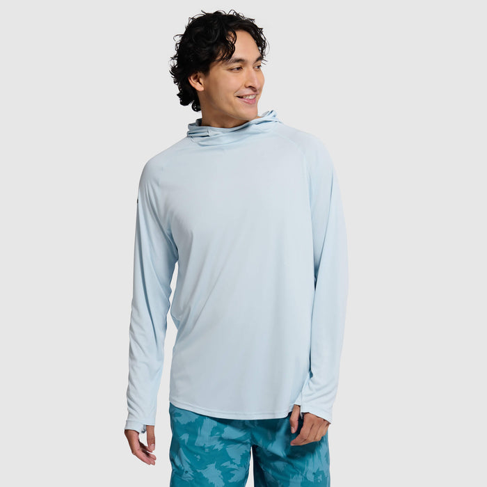 Light blue long-sleeve hoodie with hood up, worn by male model on white background