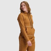 Women's waffle-knit pullover hoodie with drawstring, contrast seams, angled three-quarter view