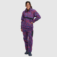 Purple and blue patterned fleece pullover with half-snap closure and matching pants set
