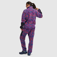 Women's fleece pullover with half-snap collar in purple-blue patterned design, back view
