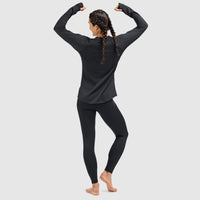 Women's long-sleeve crewneck base layer top, back view, with matching leggings