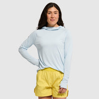 Light blue pullover hoodie with drawstring hood worn by woman against white background
