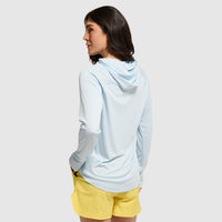 Light blue hooded pullover sweatshirt shown from back view on woman