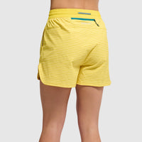 Yellow athletic shorts with elastic waistband and zip pocket, back view