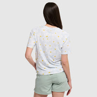 Light blue polka dot t-shirt with yellow dots shown from back view on model