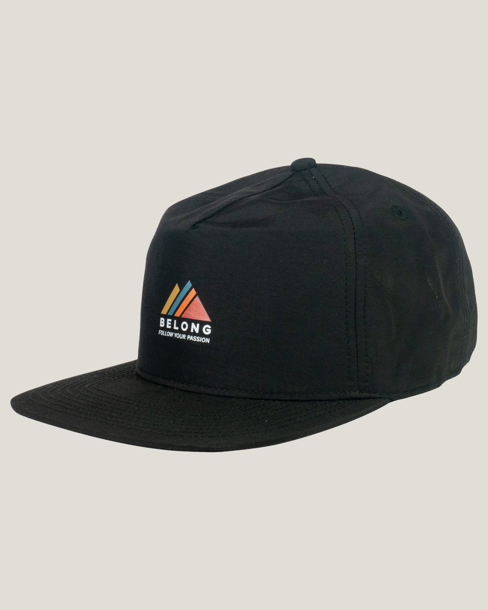 Black nylon snapback cap with colorful mountain logo embroidery, three-quarter front view