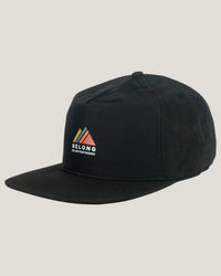 Black nylon snapback cap with colorful mountain logo embroidery, three-quarter front view