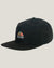 Black nylon snapback cap with colorful mountain logo embroidery, three-quarter front view