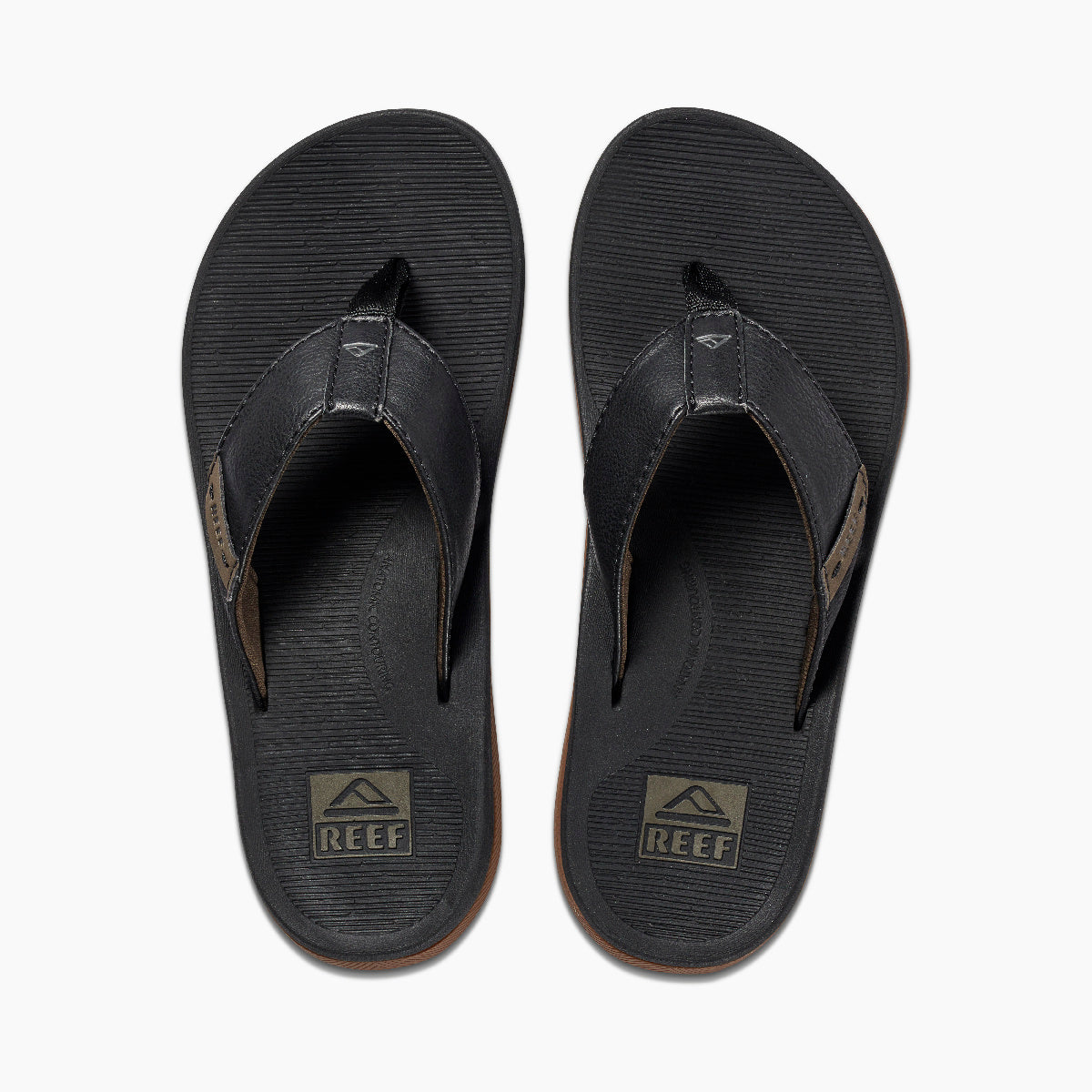 Black leather flip-flops with textured footbed and logo, top view showing both sandals