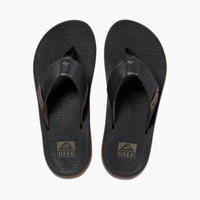 Black leather flip-flops with textured footbed and logo, top view showing both sandals