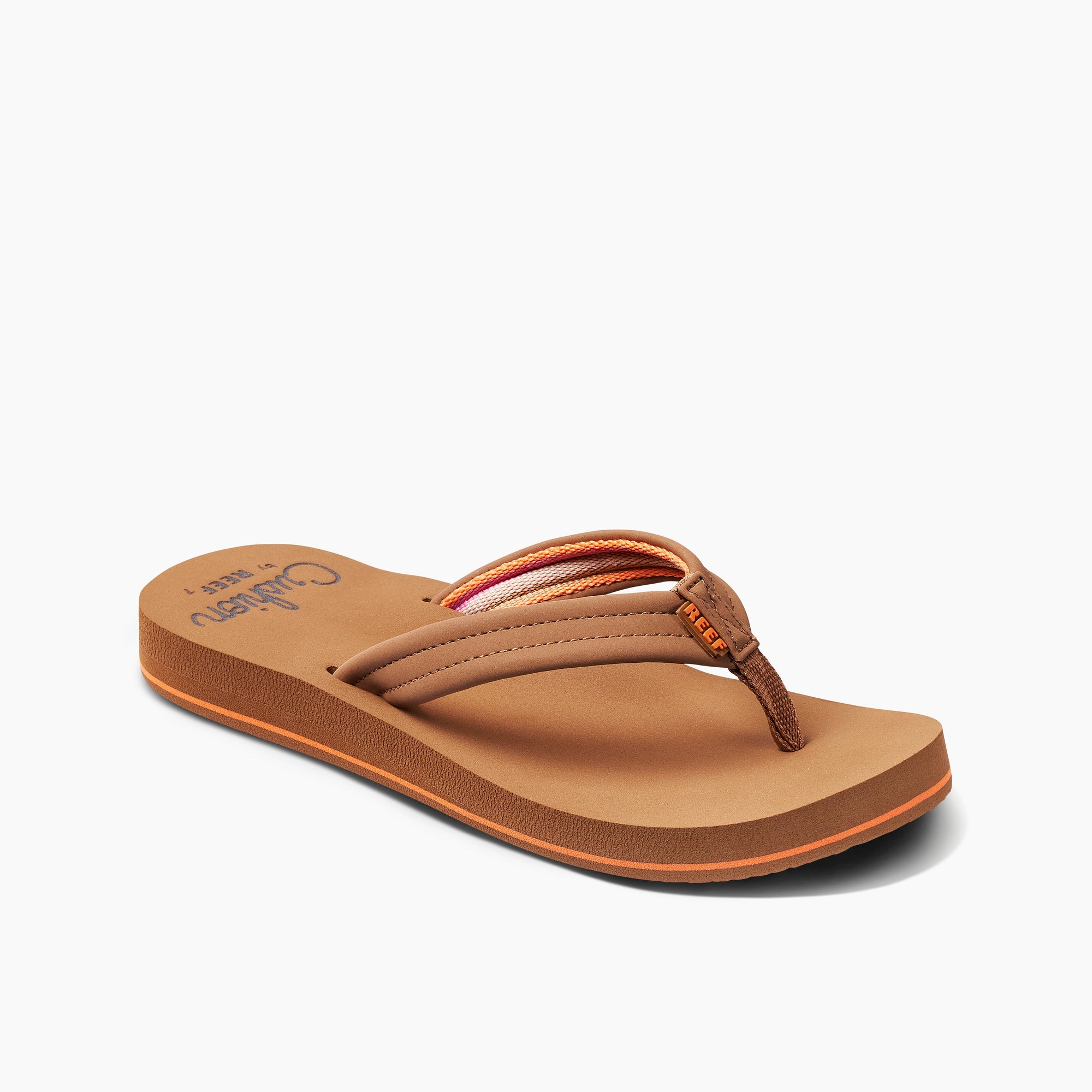 Women's flip-flop sandal with cushioned tan sole and striped fabric thong straps