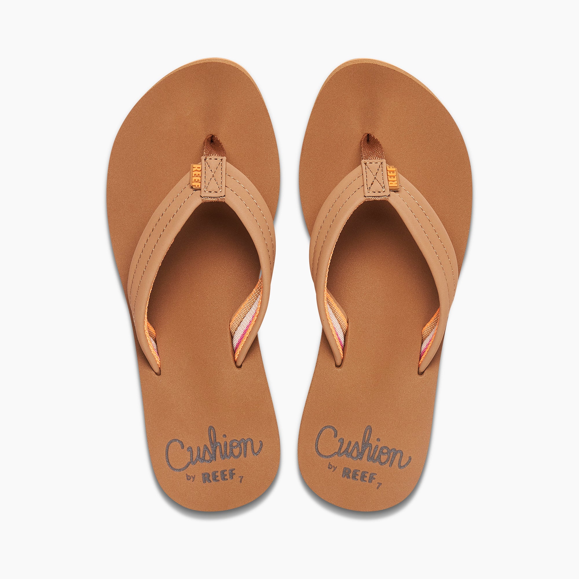 Tan leather flip-flops with cushioned footbed and colorful striped straps, top view