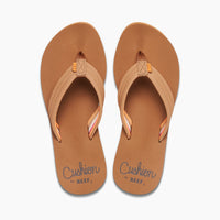 Tan leather flip-flops with cushioned footbed and colorful striped straps, top view