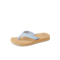Light blue flip-flop sandal with tan footbed shown at side angle