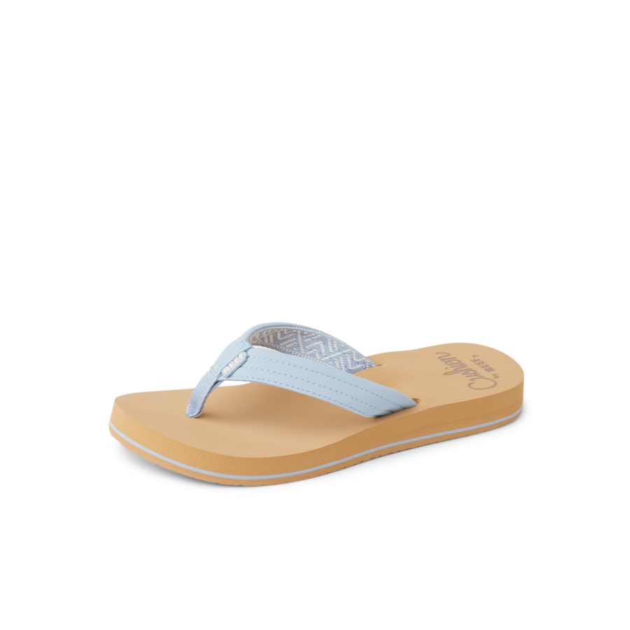 Light blue flip-flop sandal with tan footbed shown at side angle