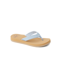 Light blue flip flop sandal with cushioned tan sole, side angle view