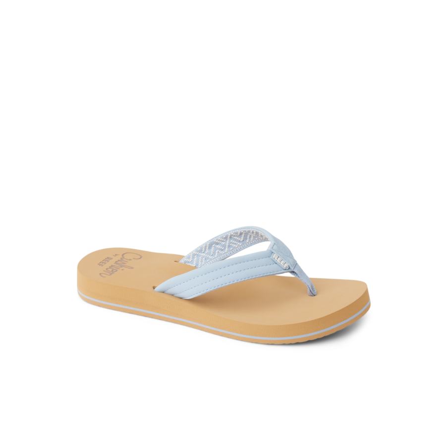 Light blue flip flop sandal with cushioned tan sole, side angle view
