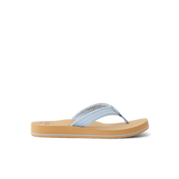 Light blue flip-flop sandal with chevron pattern strap and tan sole, side view