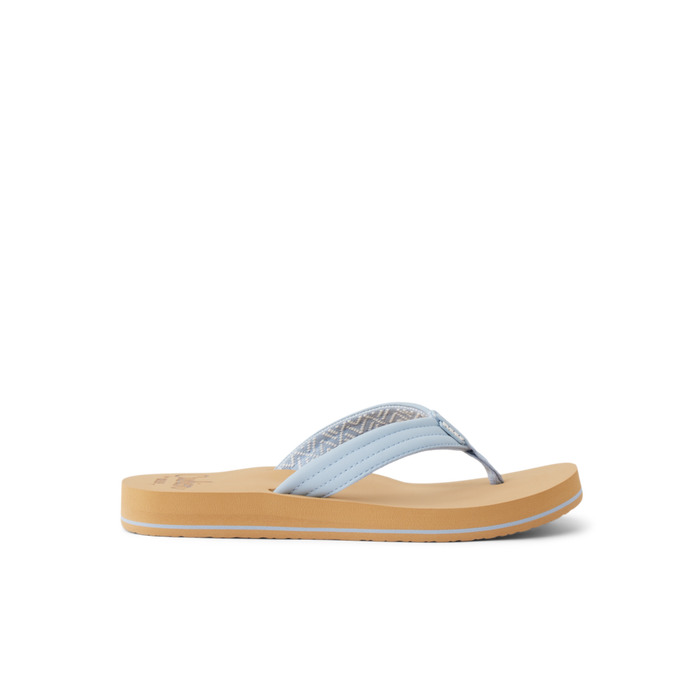 Light blue flip-flop sandal with chevron pattern strap and tan sole, side view