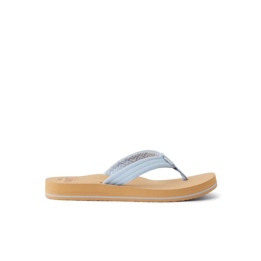 Light blue flip-flop sandal with chevron pattern strap and tan sole, side view