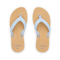 Light blue flip-flop sandals with cushioned tan footbeds, overhead view showing pair