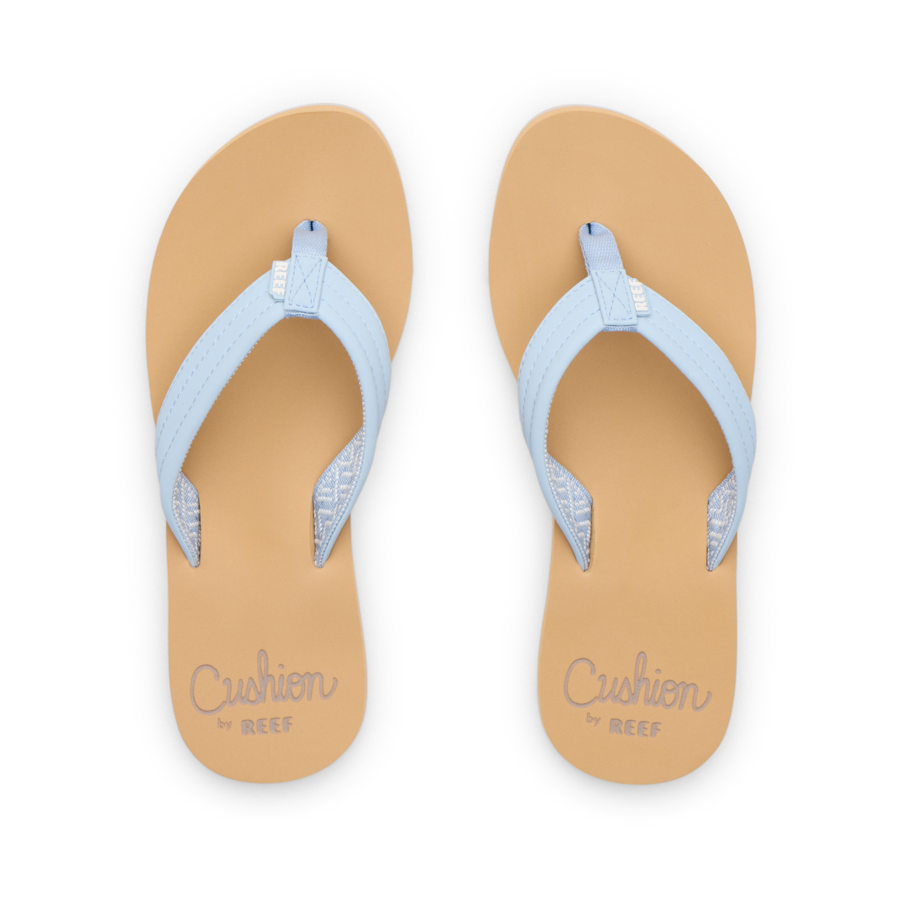 Light blue flip-flop sandals with cushioned tan footbeds, overhead view showing pair