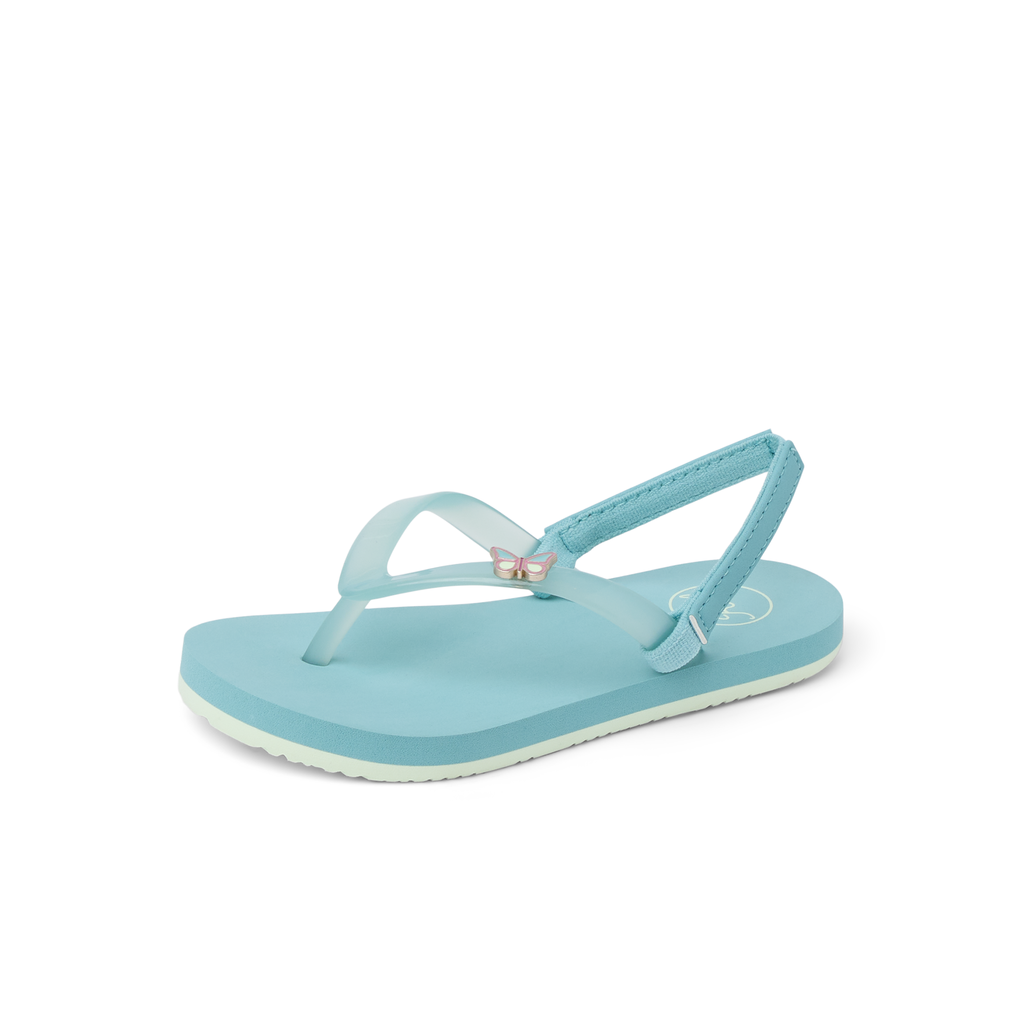 Light blue flip-flop sandal with ankle strap and small decorative charm on toe strap