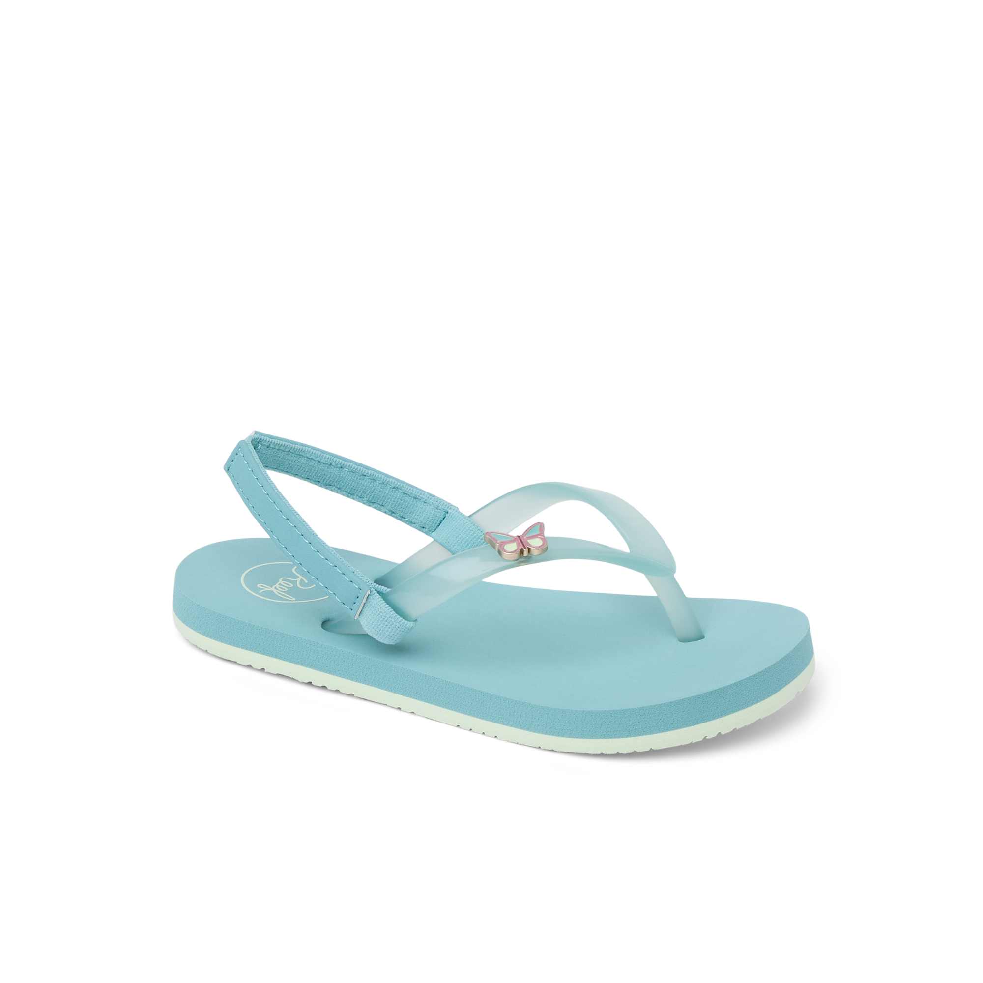 Light blue children's flip-flop sandal with heel strap and small decorative charm, side view