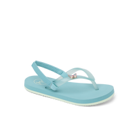 Light blue children's flip-flop sandal with heel strap and small decorative charm, side view