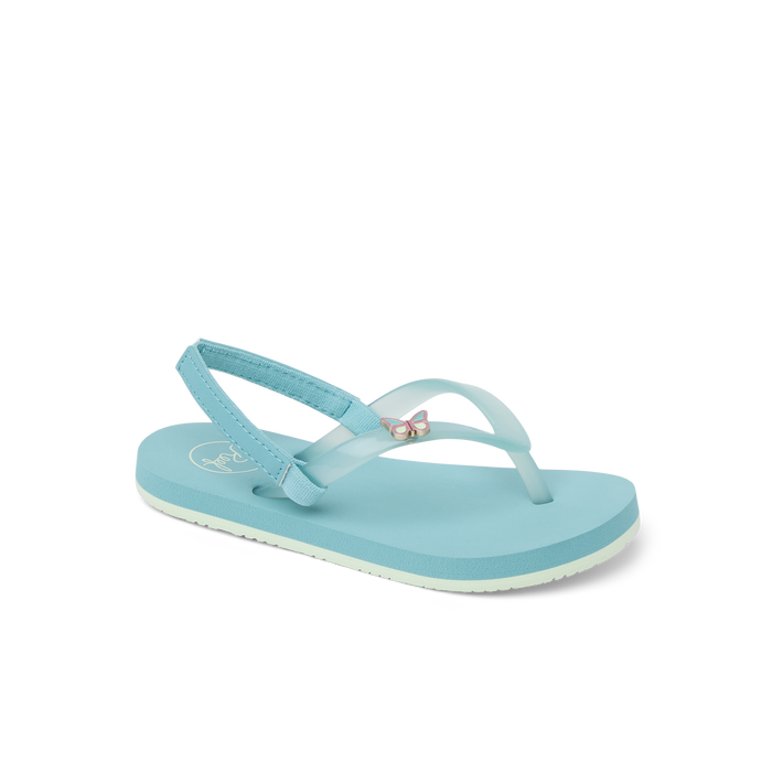 Light blue children's flip-flop sandal with heel strap and small decorative charm, side view