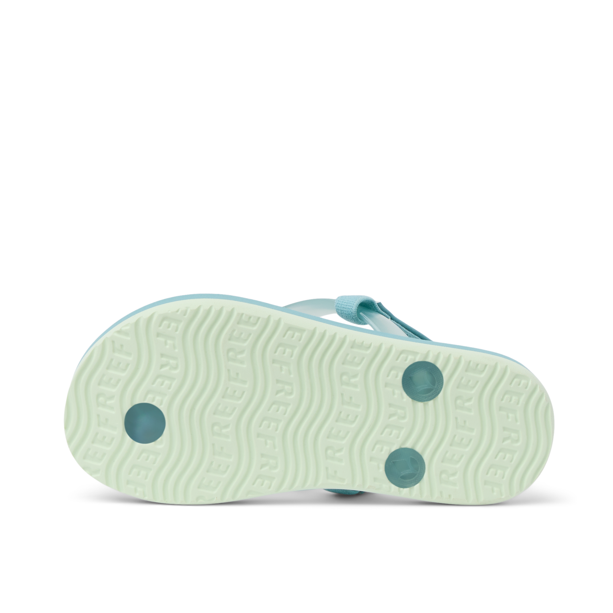 Light blue children's flip-flop sandal with velcro strap, bottom sole view showing grip pattern