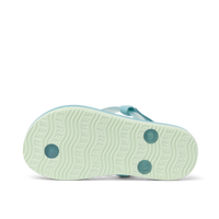 Light blue children's flip-flop sandal with velcro strap, bottom sole view showing grip pattern