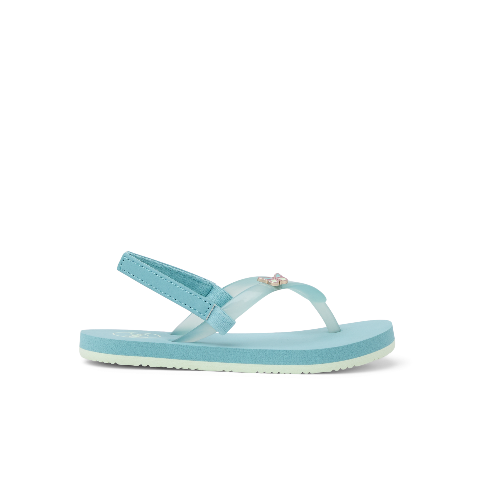 Light blue children's flip-flop sandal with ankle strap, side view on white background