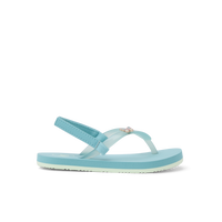Light blue children's flip-flop sandal with ankle strap, side view on white background